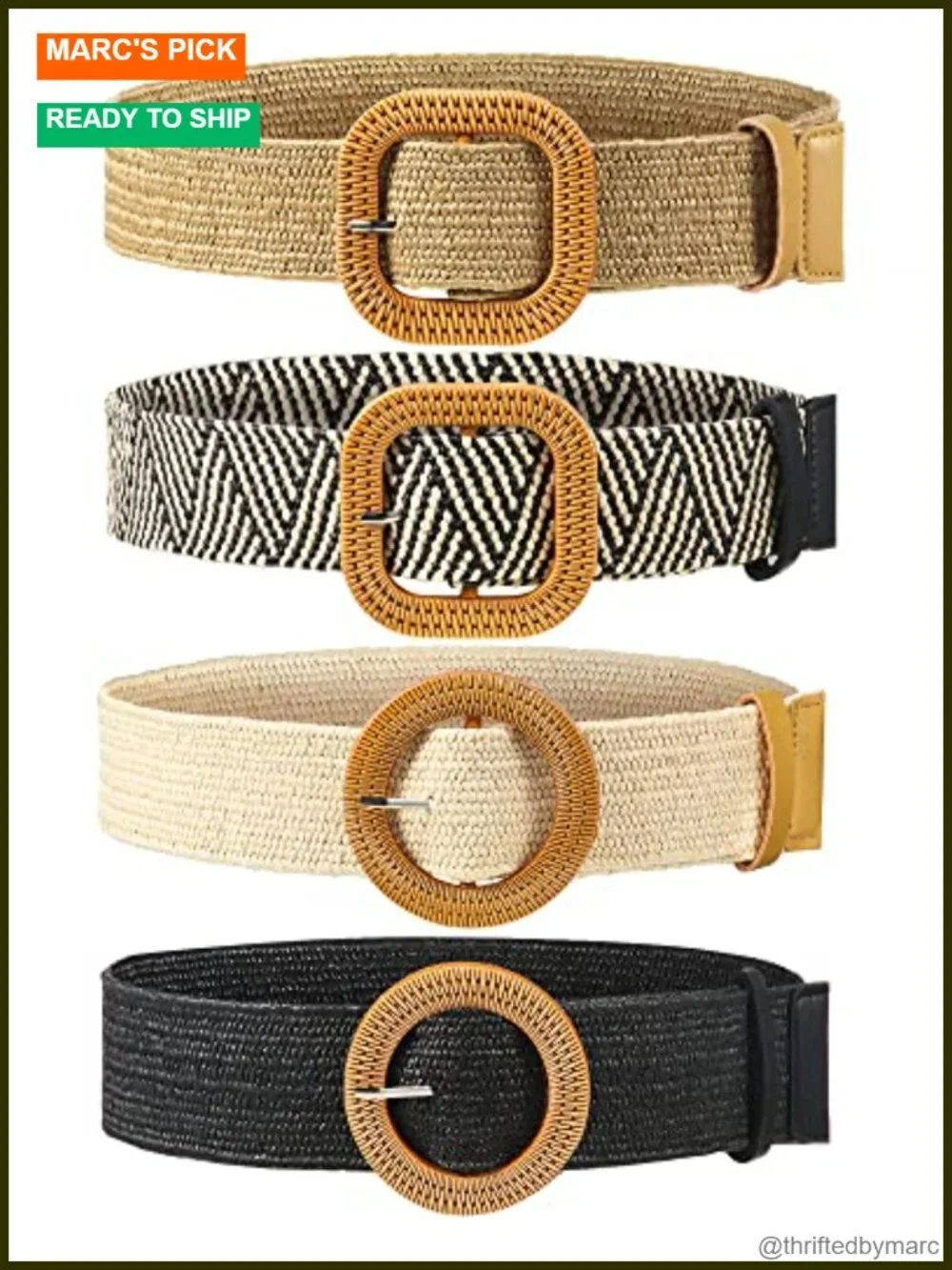 Set of 4 Elastic Raffia Woven Belts with Rattan Buckle for Dresses